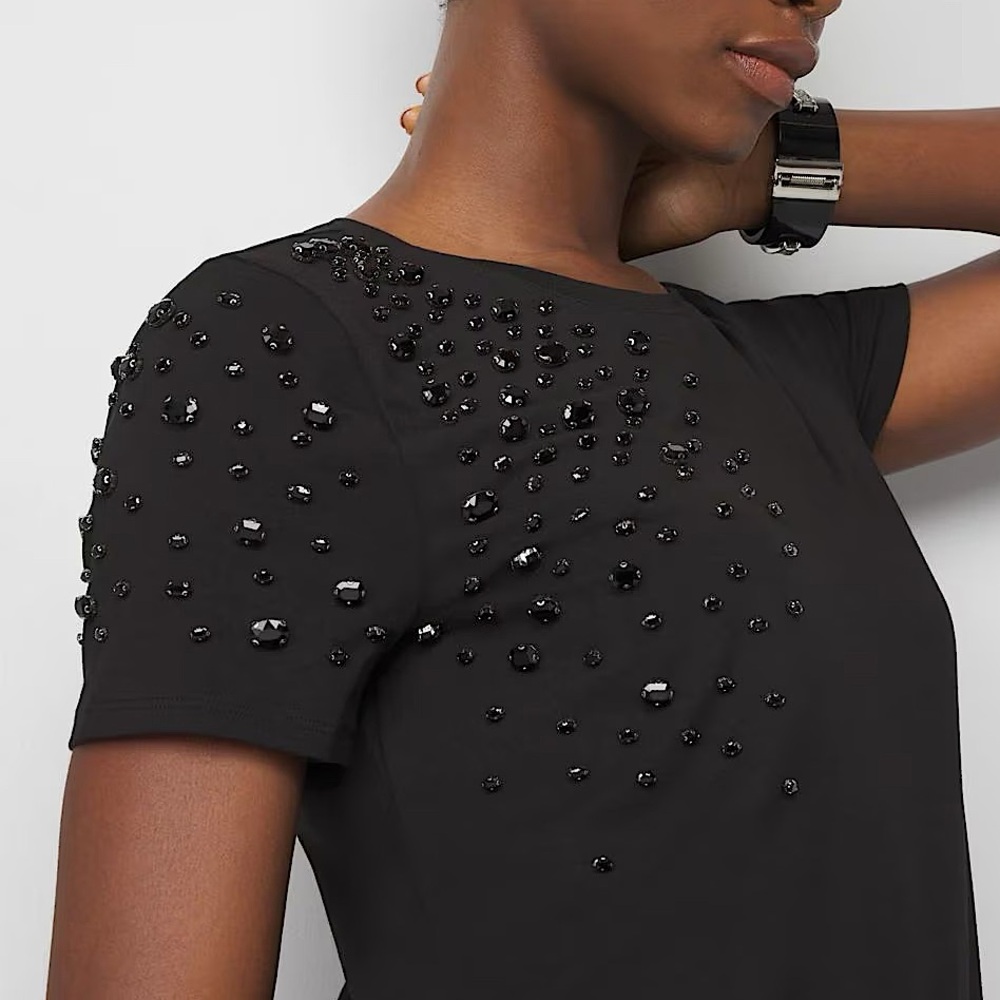 WHBM EMBELLISHED B,ACK CREWNECK TEE